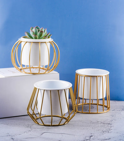 Pack of 3 Metallic Gold Ottoman Metal Stands With Planters 